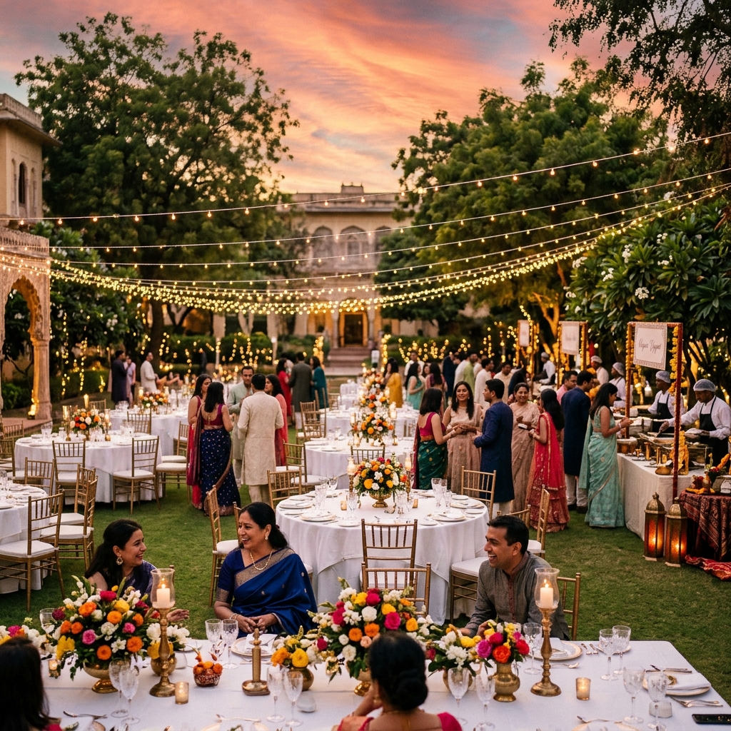 Outdoor catering event at sunset with elegant setup